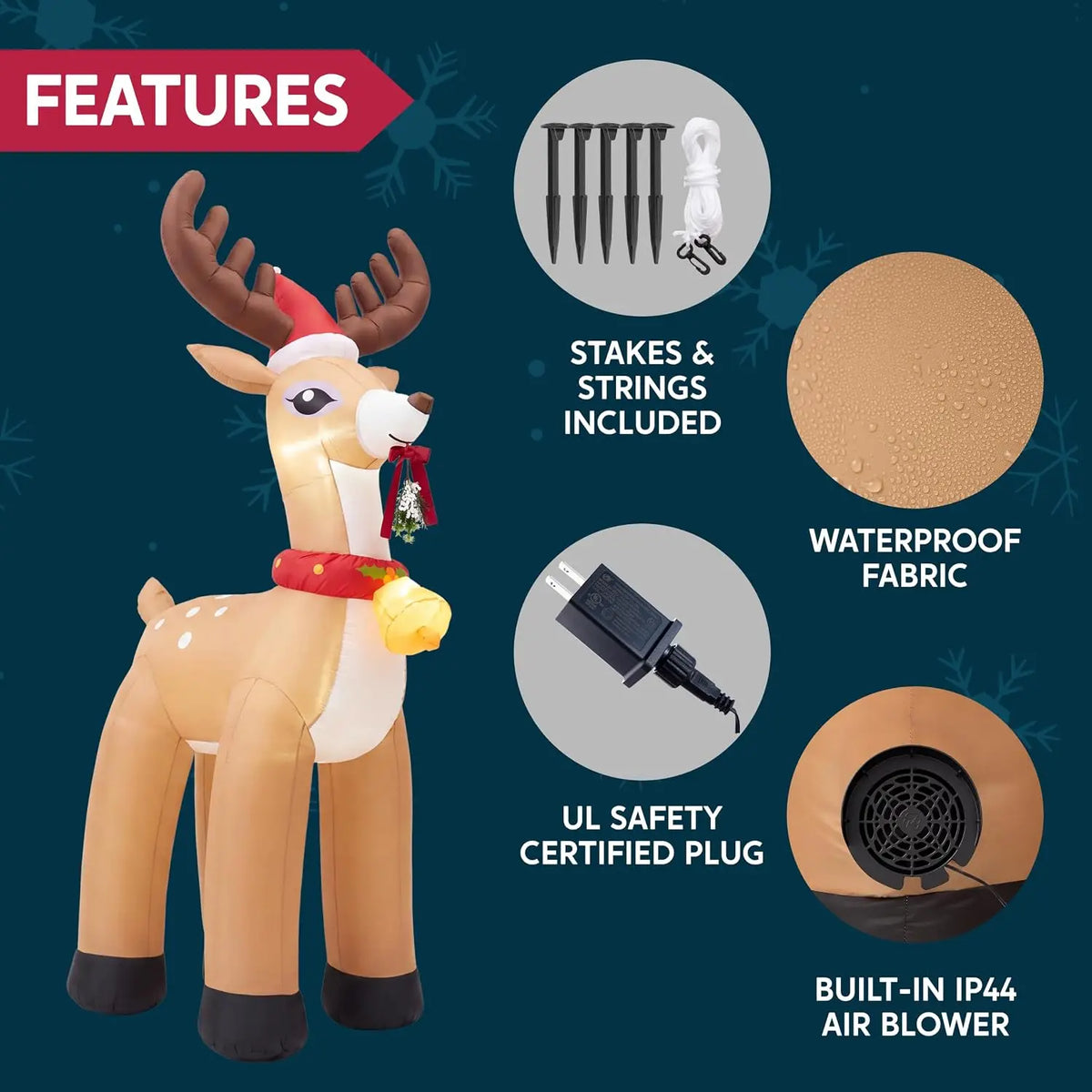 Joyfy Christmas Inflatable Reindeer With Santa Hat And LED Lights