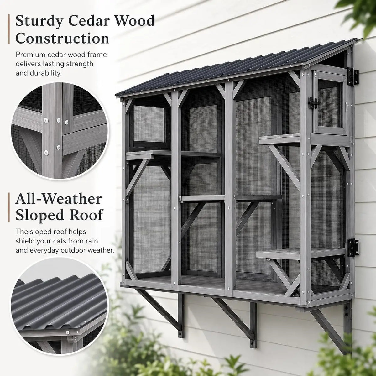 Outdoor Wooden Cat Window Catio Enclosure With Panoramic Viewing Perch