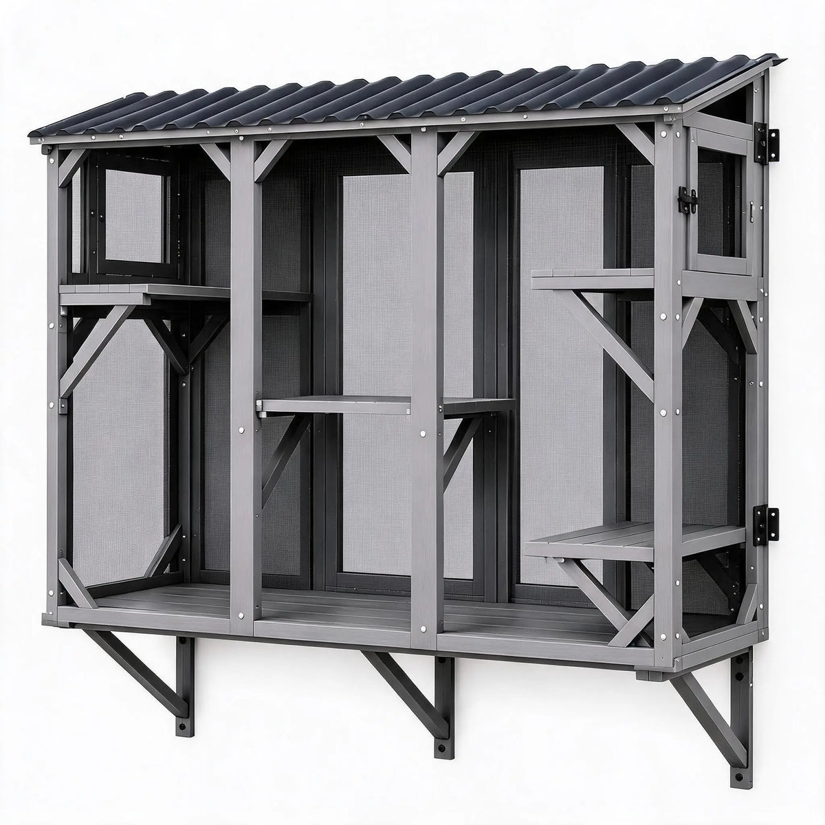 Outdoor Wooden Cat Window Catio Enclosure With Panoramic Viewing Perch