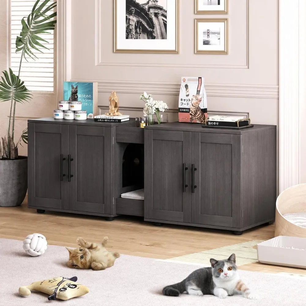 Garvee Wooden Double Room Hidden Cat Litter Box Enclosure Furniture