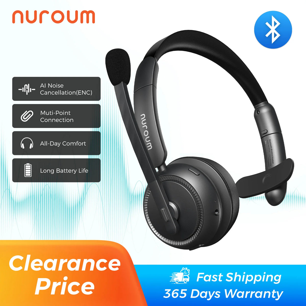 Nuroum Bluetooth Over Ear Headset With ENC Noise Cancelling Microphone
