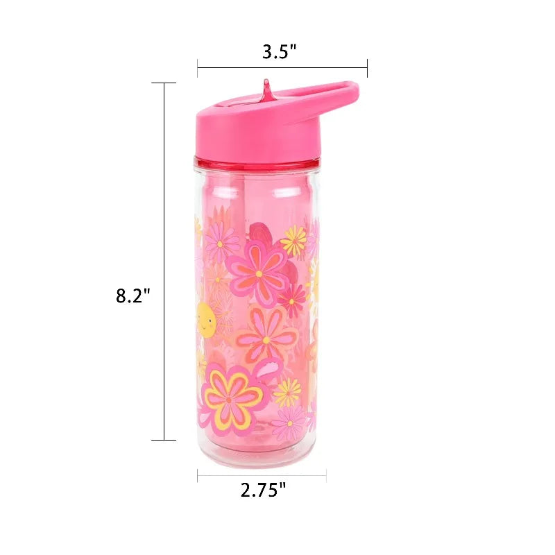 Flower Double Wall Insulated Water Bottle With Lid And Straw