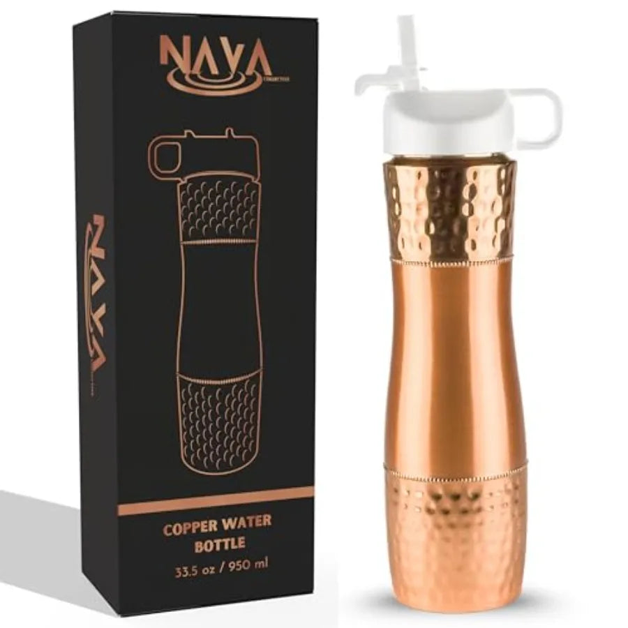 Pure Copper Water Bottle With Straw And Sports Lid 950ml Ayurveda