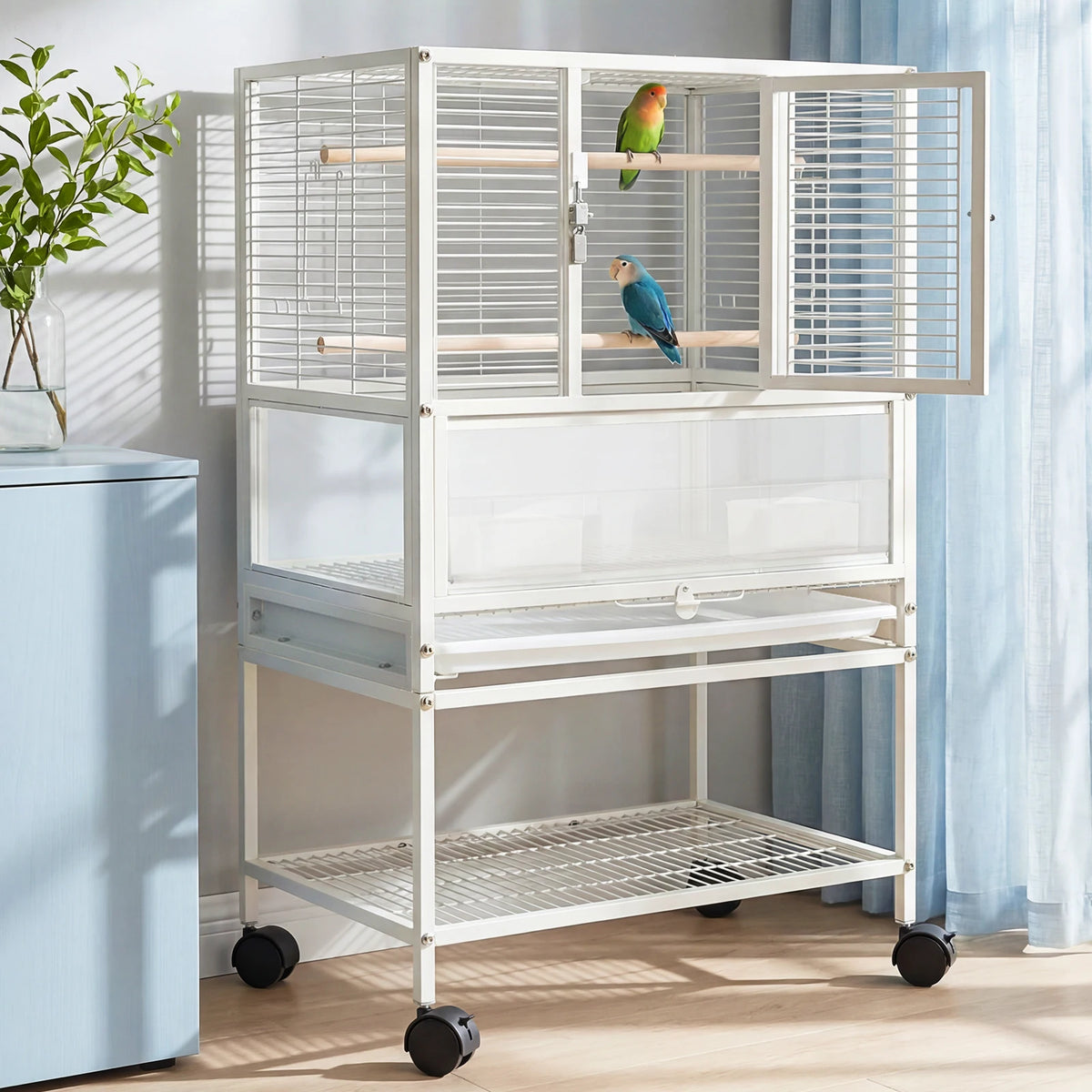 HiMISS Bird Cage With Stand Wheels And Detachable Storage Shelf