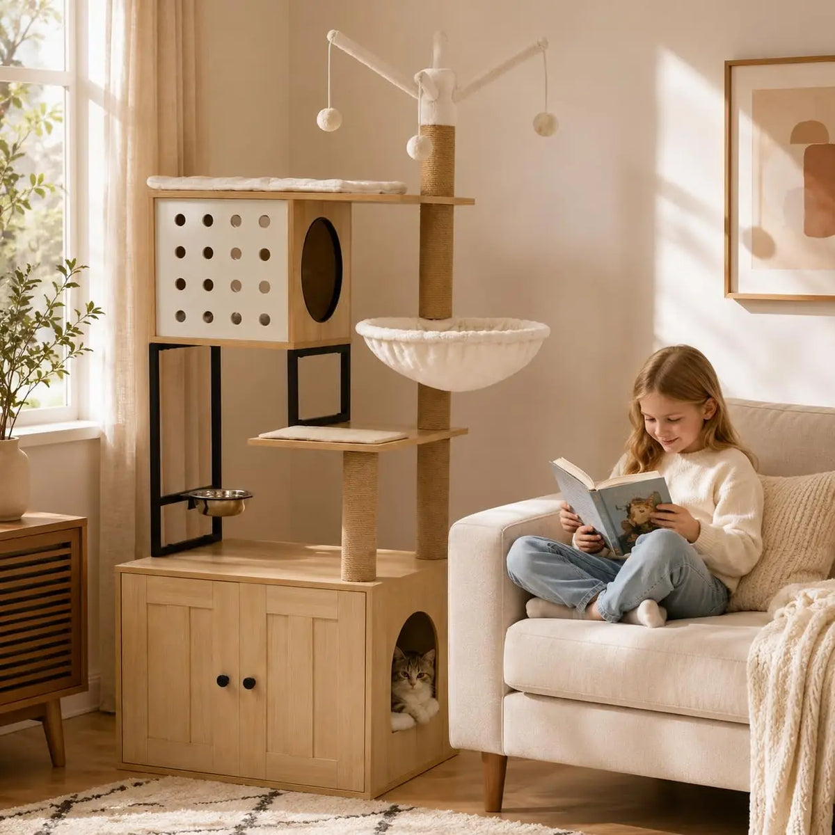 Cat Tree With Hidden Litter Box Enclosure And Climbing Condo