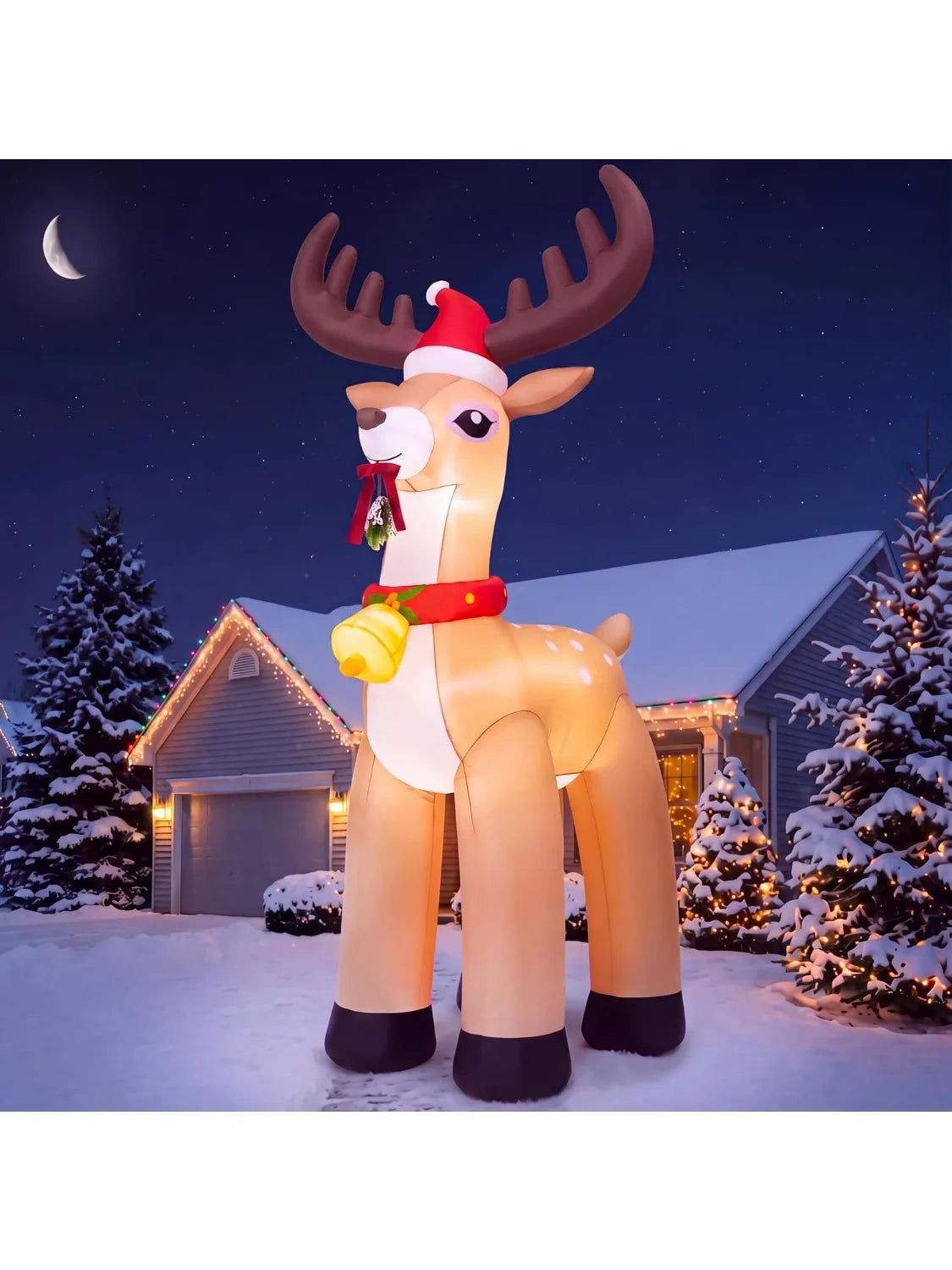 Joyfy Christmas Inflatable Reindeer With Santa Hat And LED Lights