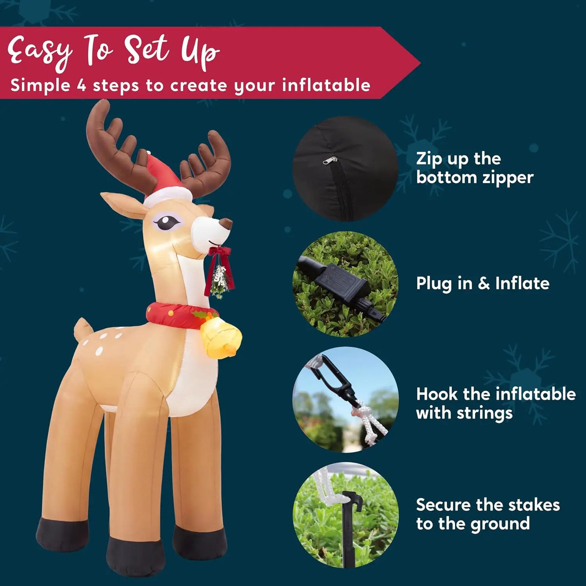 Joyfy Christmas Inflatable Reindeer With Santa Hat And LED Lights