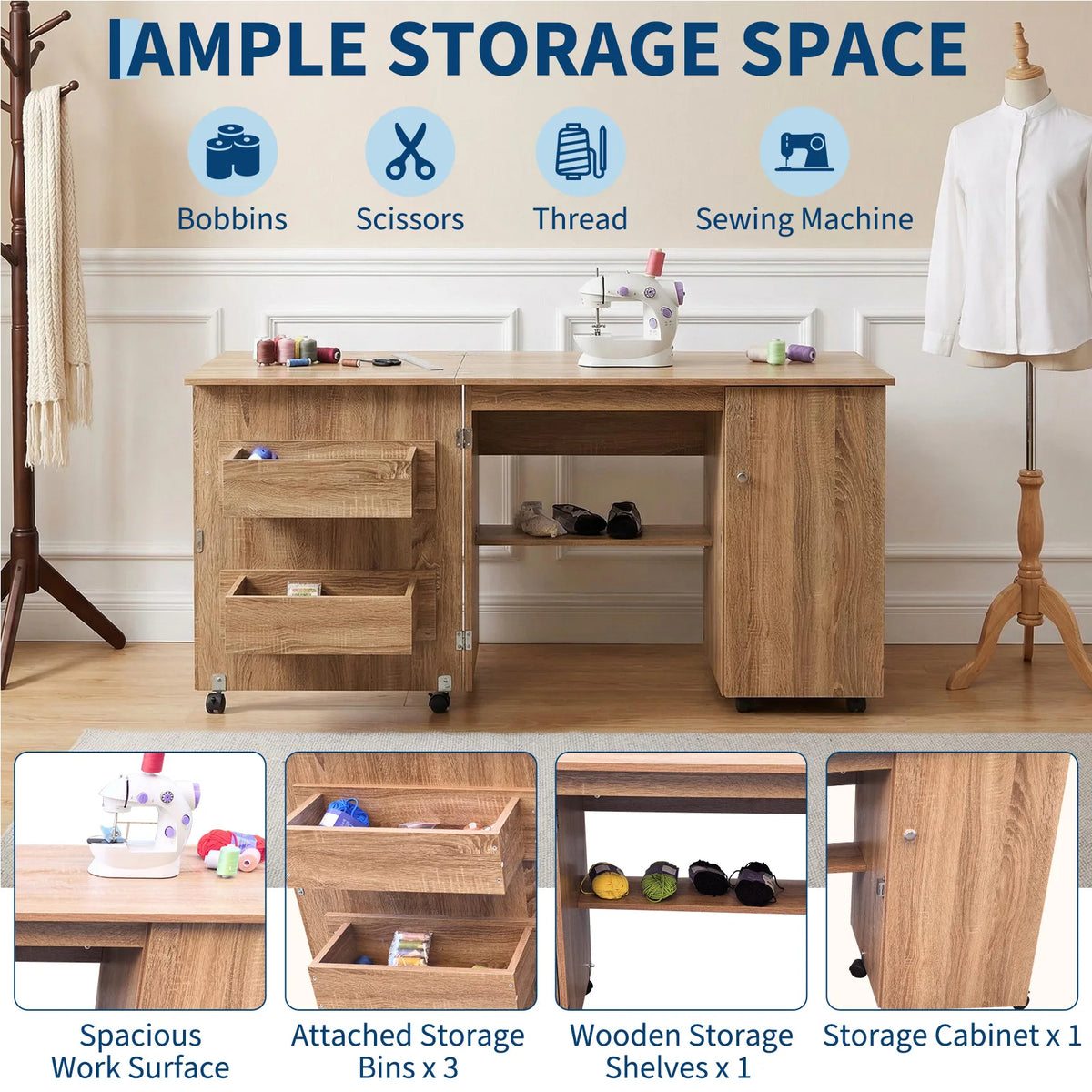 GAOMON Folding Sewing Cabinet Table with Storage and Lockable Wheels