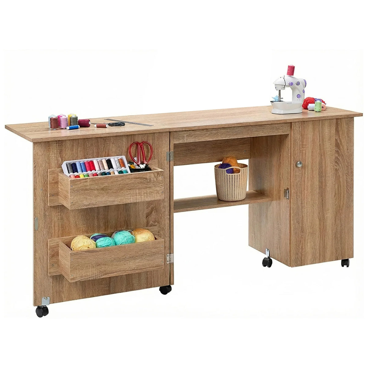GAOMON Folding Sewing Cabinet Table with Storage and Lockable Wheels