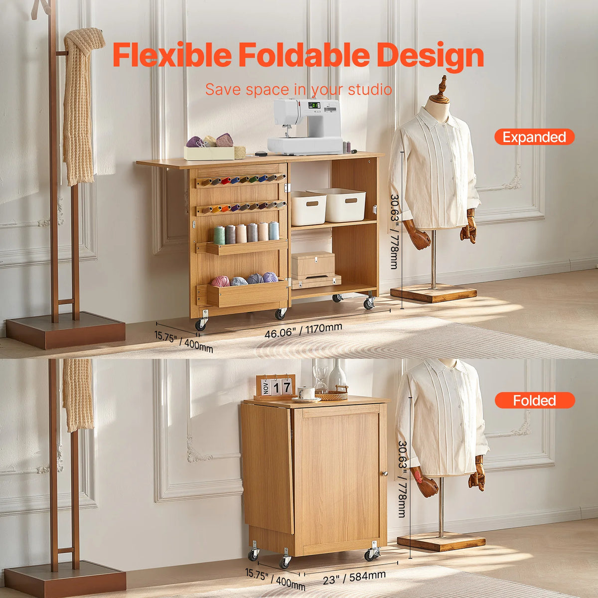 SucceBuy Multipurpose Folding Sewing Machine Table With Storage Shelves
