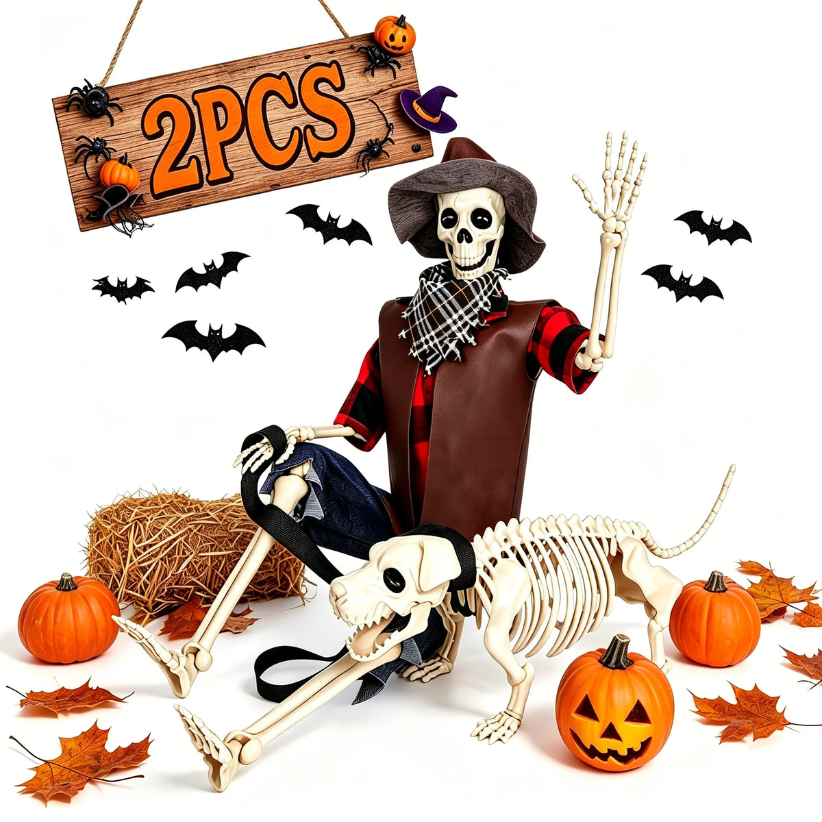Posable Halloween Cowboy Skeleton and Dog Outdoor Decorations
