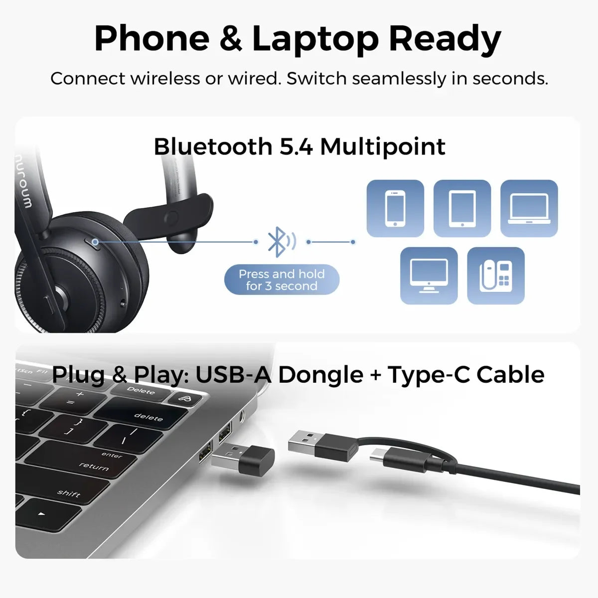 Nuroum Bluetooth Over Ear Headset With ENC Noise Cancelling Microphone