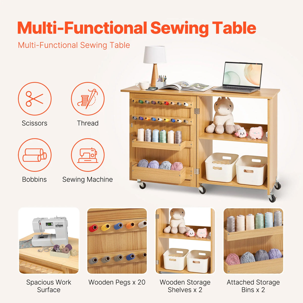 SucceBuy Multipurpose Folding Sewing Machine Table With Storage Shelves