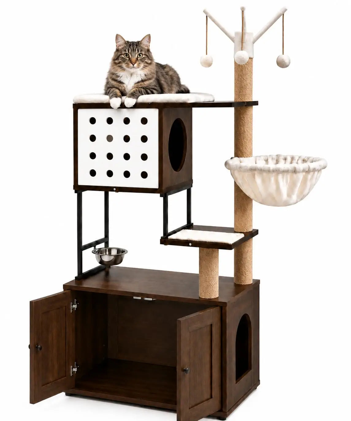 Cat Tree With Hidden Litter Box Enclosure And Climbing Condo