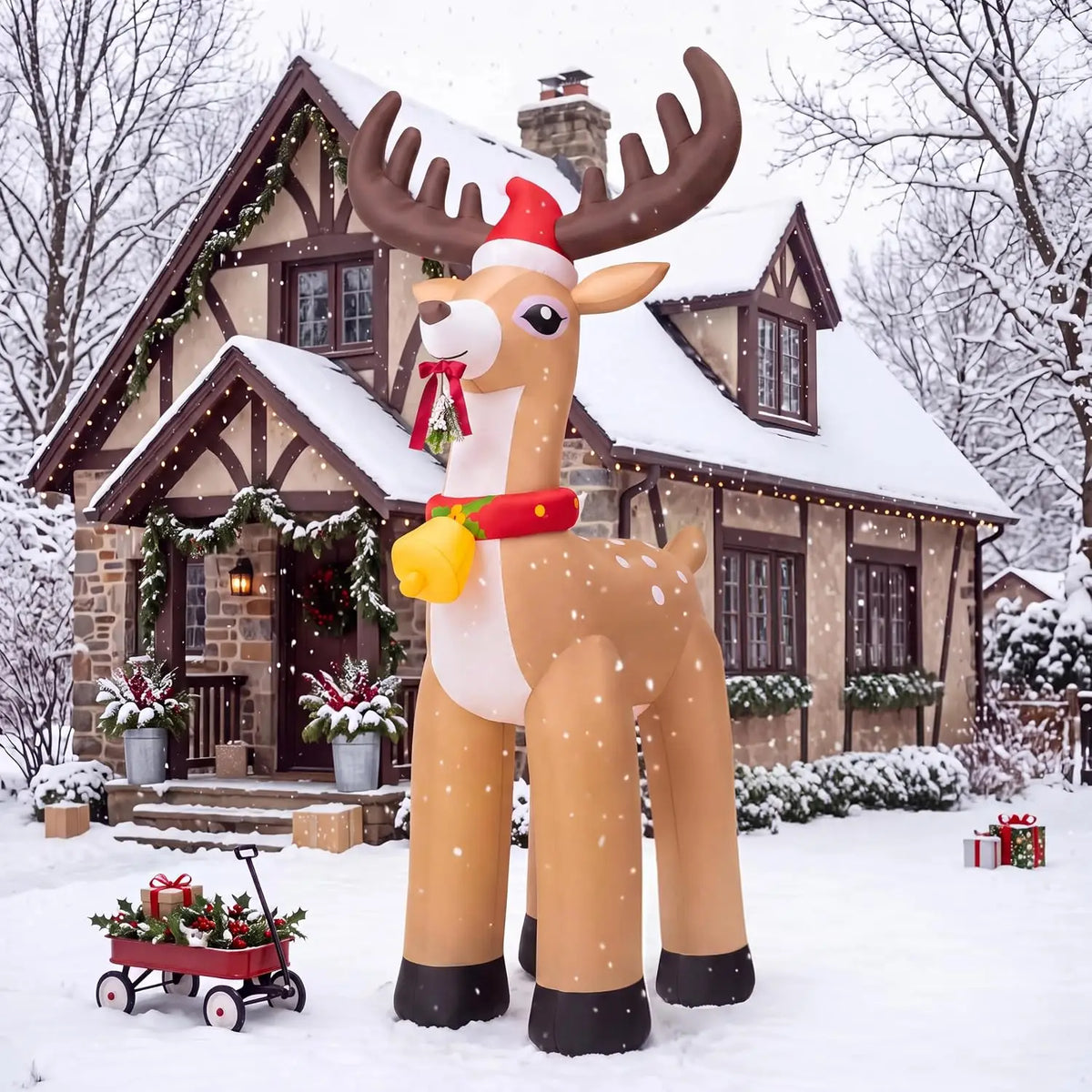 Joyfy Christmas Inflatable Reindeer With Santa Hat And LED Lights