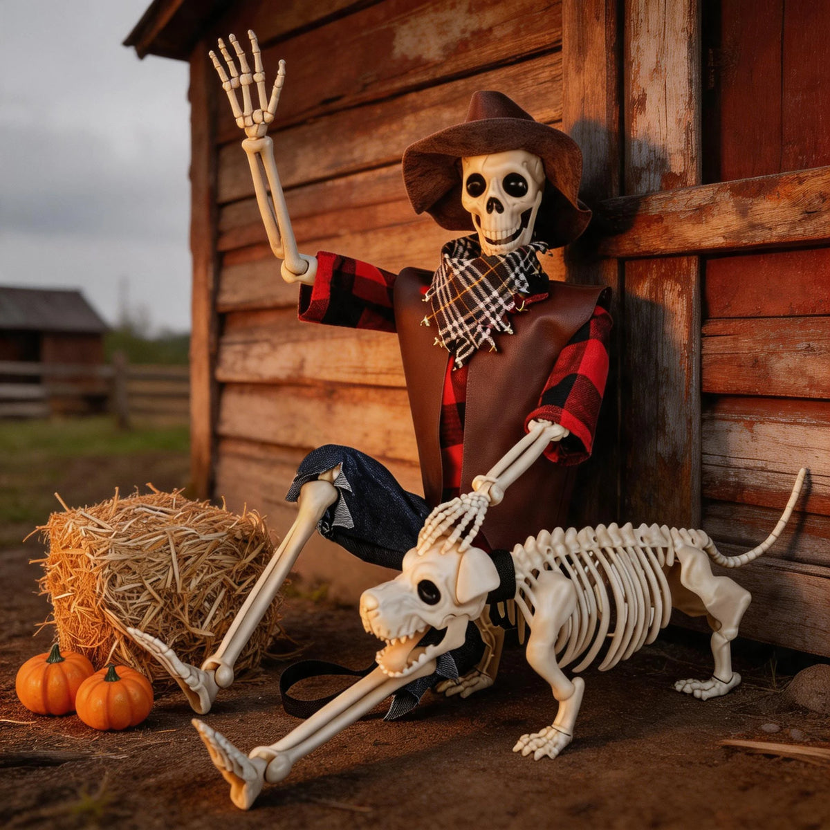 Posable Halloween Cowboy Skeleton and Dog Outdoor Decorations