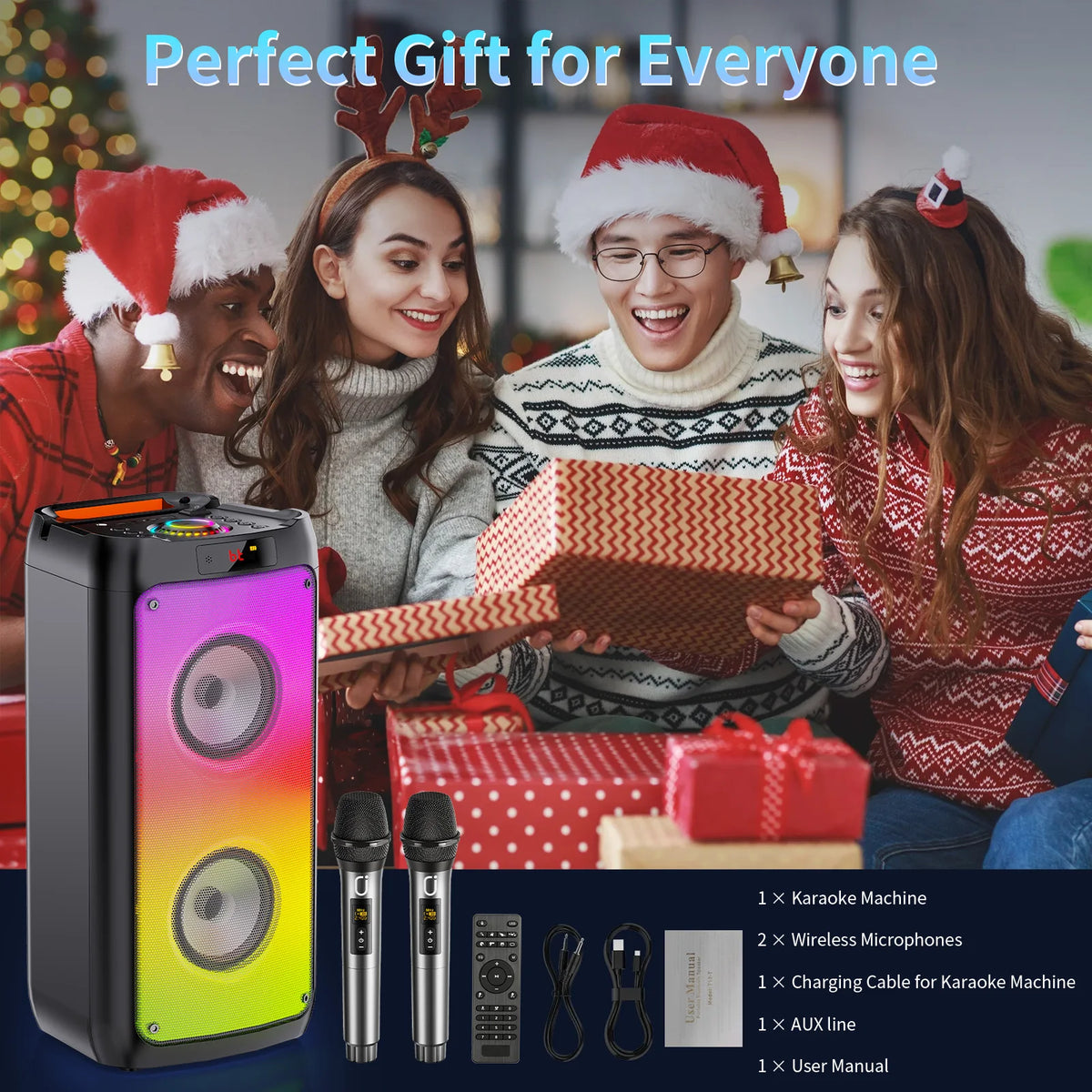 FanFun Wireless Bluetooth Karaoke Speaker With 2 Microphones LED Light