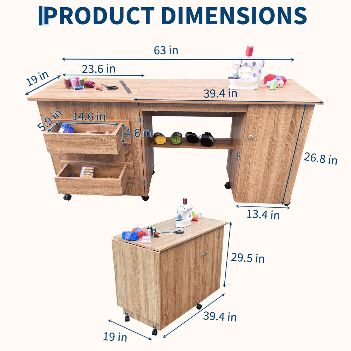GAOMON Folding Sewing Cabinet Table with Storage and Lockable Wheels