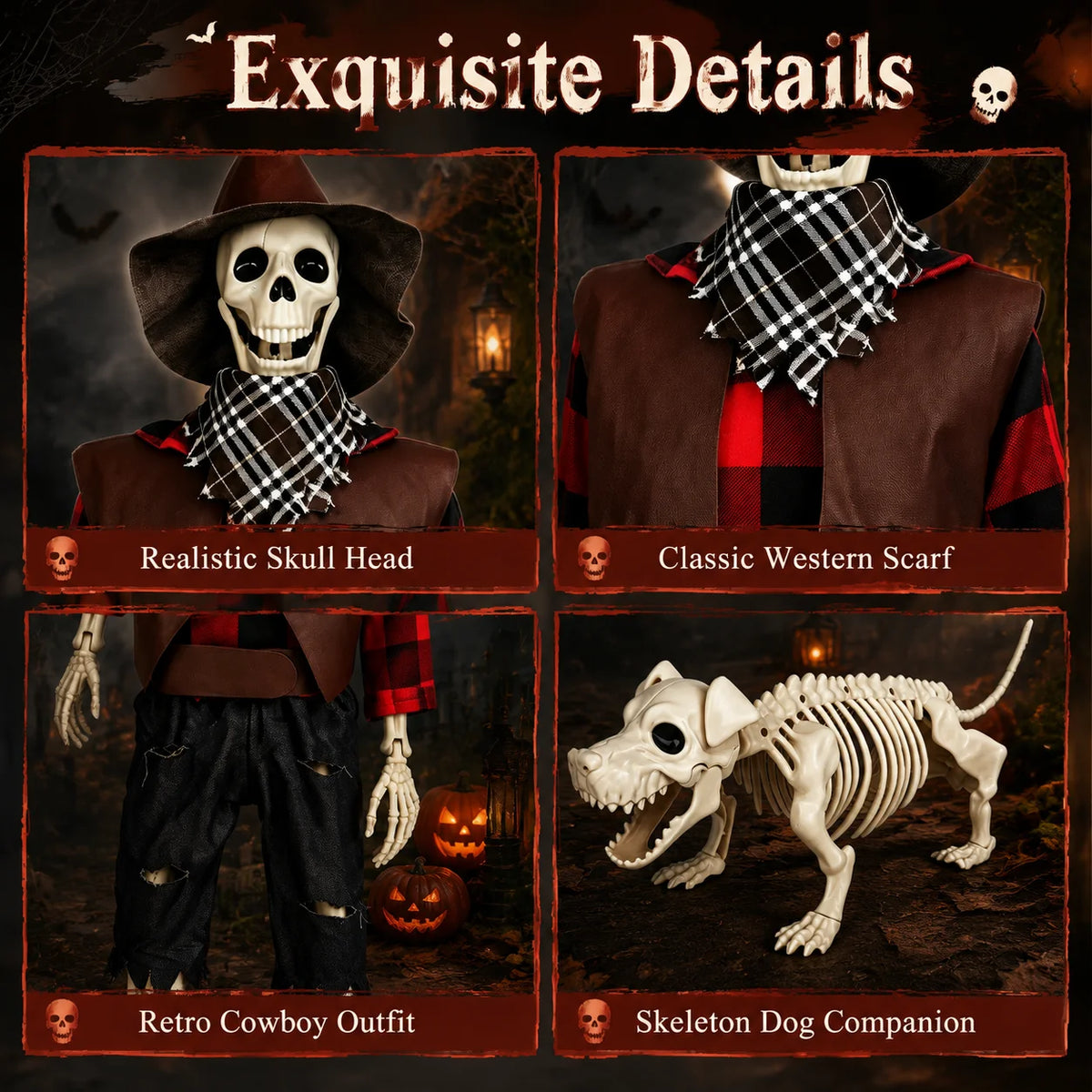 Posable Halloween Cowboy Skeleton and Dog Outdoor Decorations