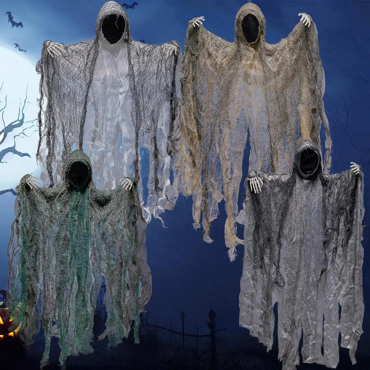 Hanging Faceless Ghost Decorations with Posable Arms for Halloween