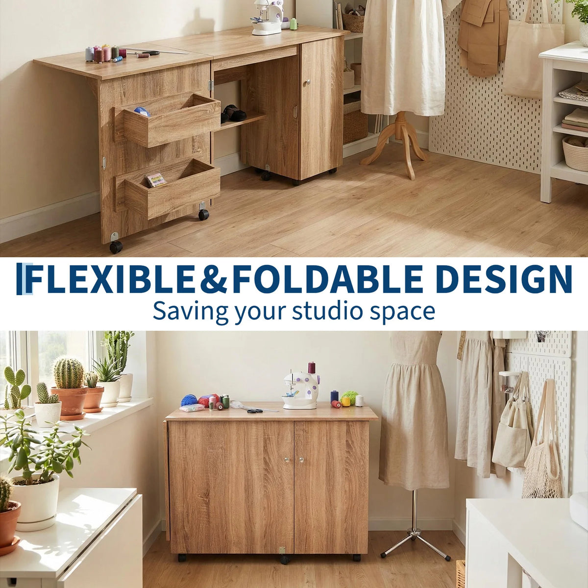 GAOMON Folding Sewing Cabinet Table with Storage and Lockable Wheels