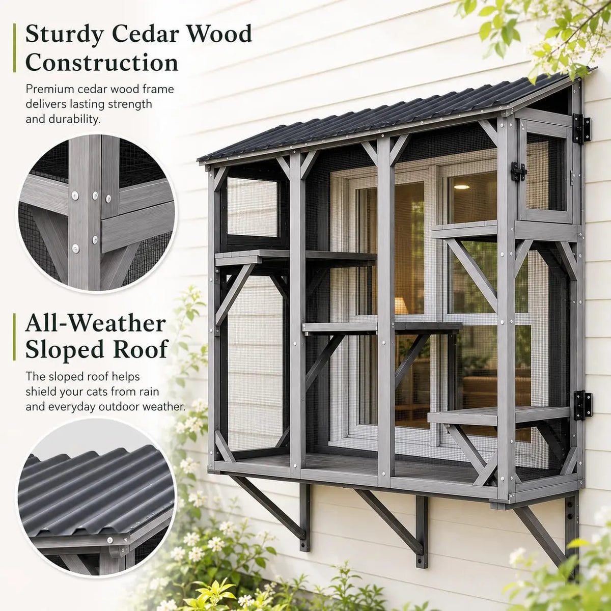 Outdoor Wooden Cat Window Catio Enclosure With Panoramic Viewing Perch