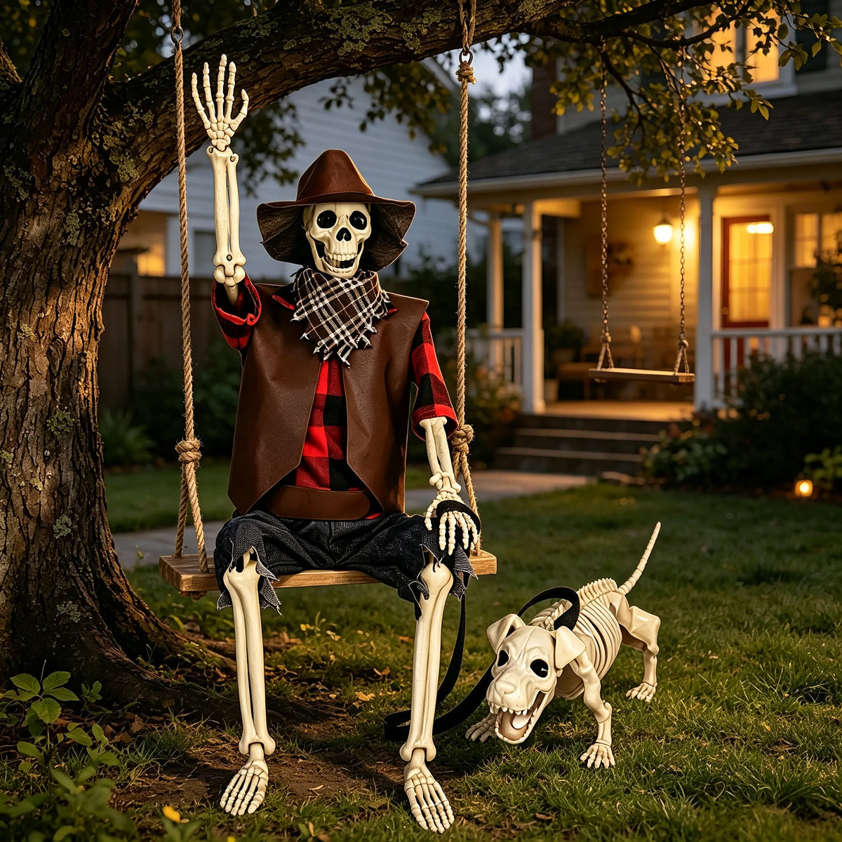 Posable Halloween Cowboy Skeleton and Dog Outdoor Decorations