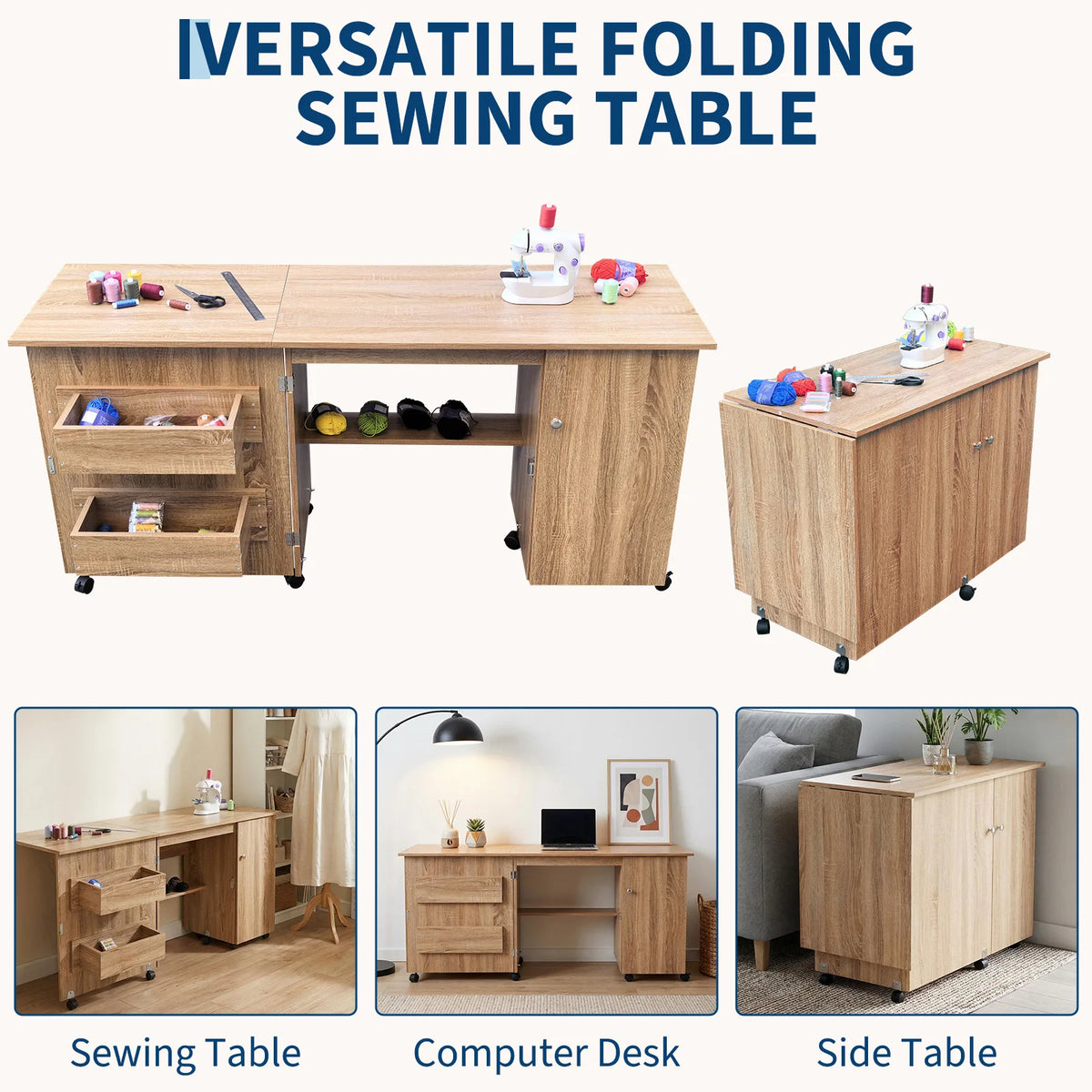 GAOMON Folding Sewing Cabinet Table with Storage and Lockable Wheels