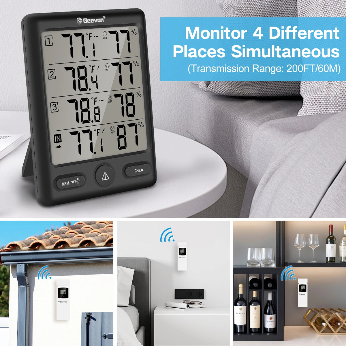 Geevon Wireless Indoor Outdoor Thermometer With Remote Sensors And Hygrometer