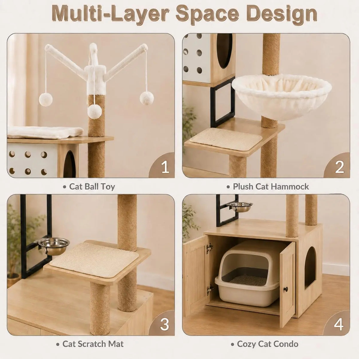 Cat Tree With Hidden Litter Box Enclosure And Climbing Condo