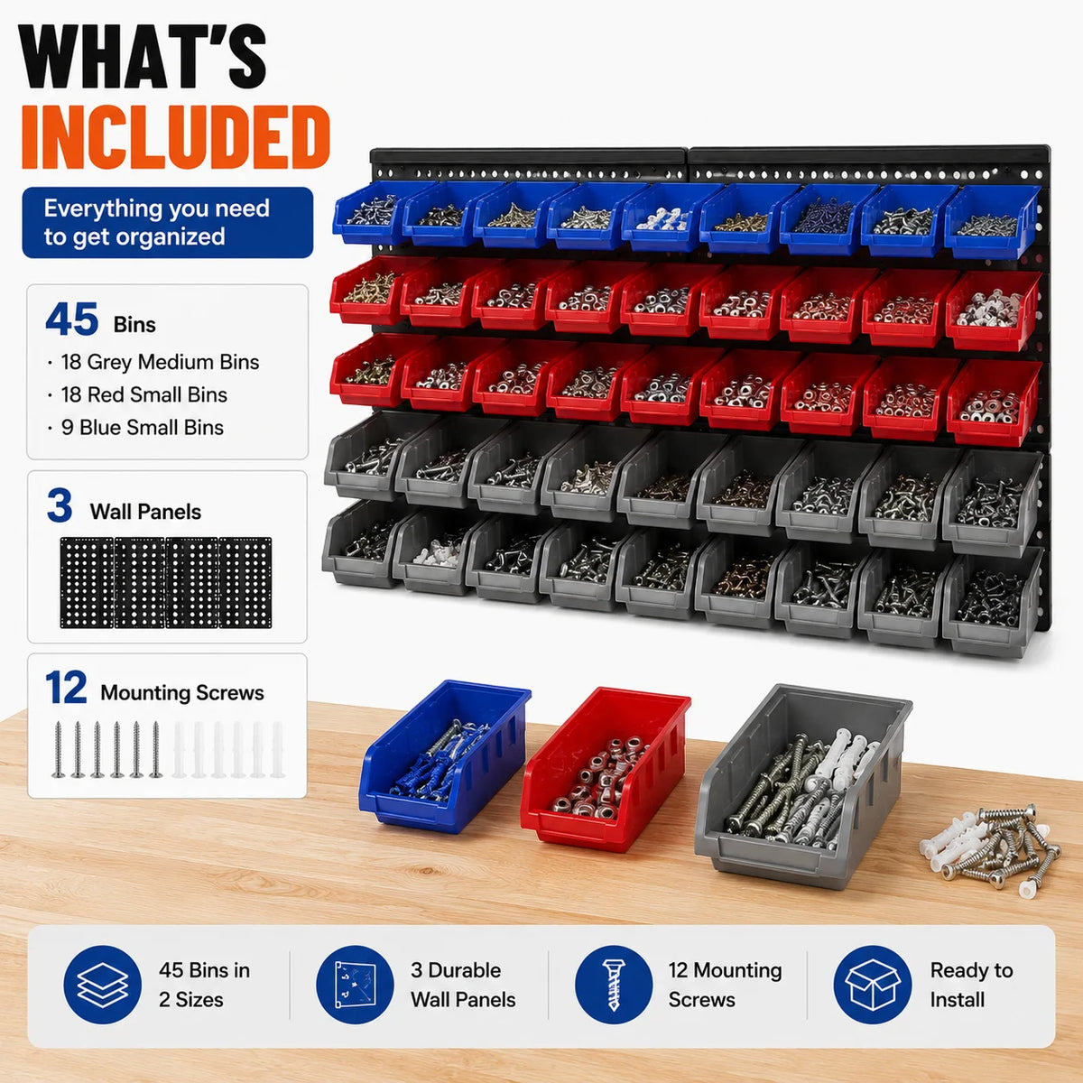 Wall Mounted Plastic Hardware Parts Storage Bin Rack Organizer