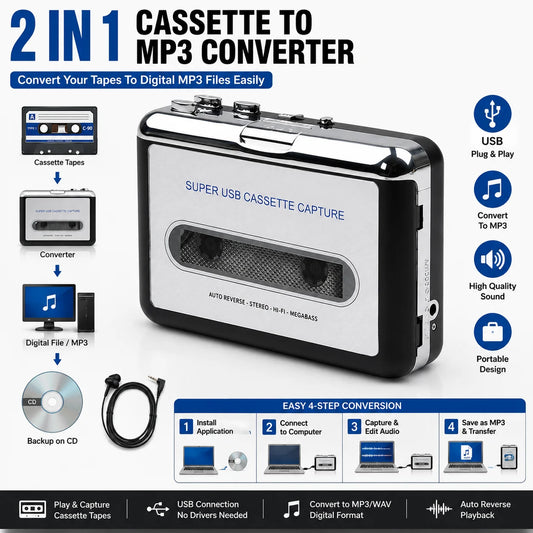 Portable USB Cassette Player and MP3 Tape Converter Recorder