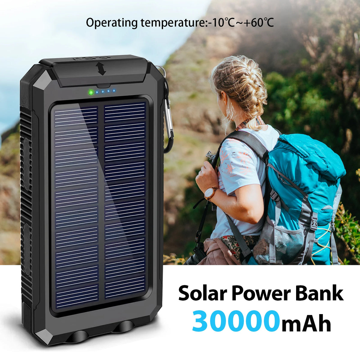 Portable 30000mAh Solar Power Bank Fast Charging Dual USB Flashlight