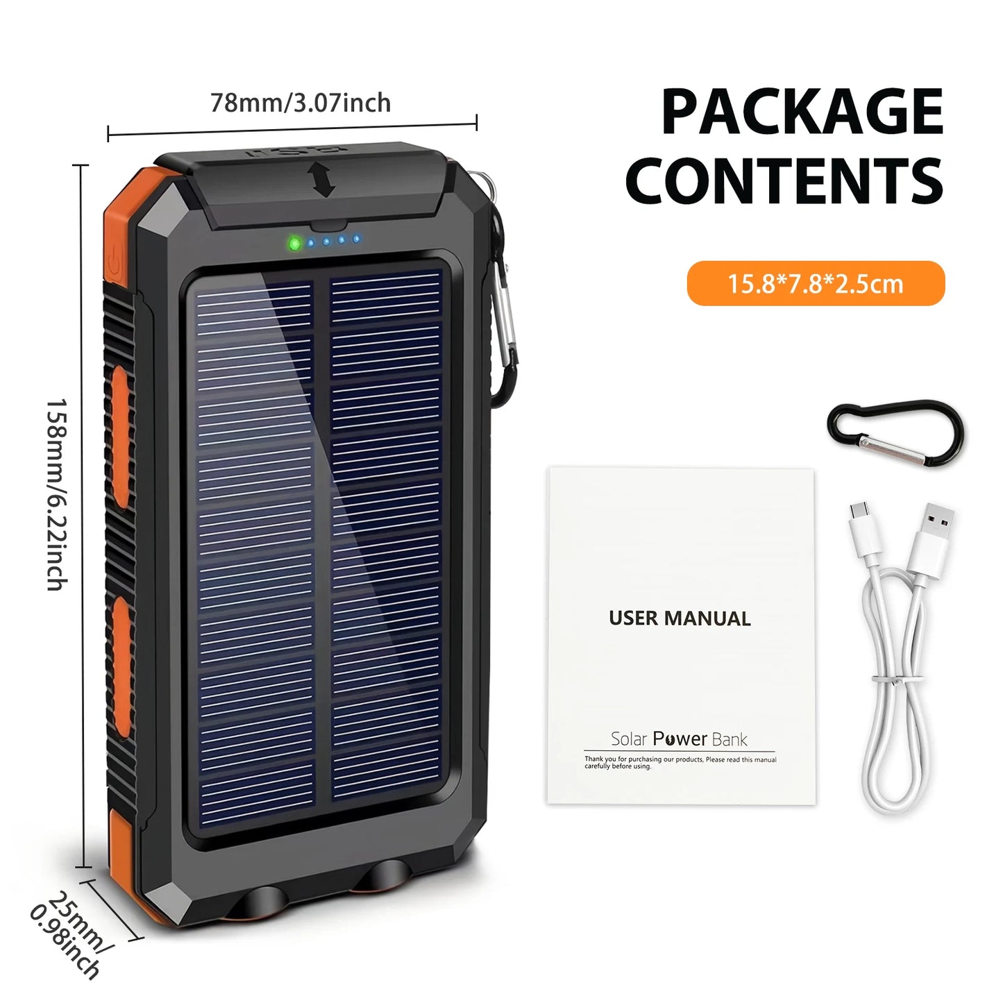 Portable 30000mAh Solar Power Bank Fast Charging Dual USB Flashlight