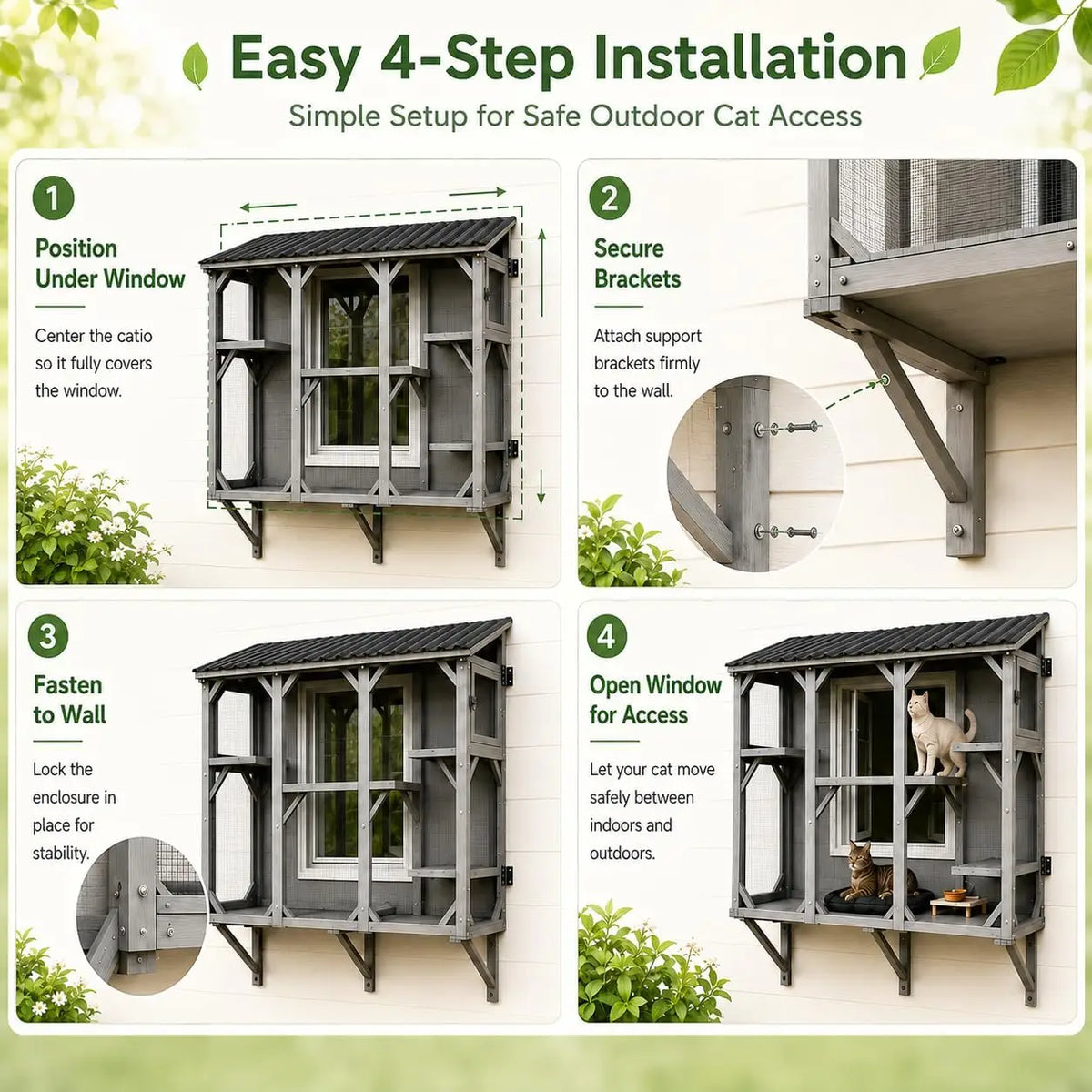 Outdoor Wooden Cat Window Catio Enclosure With Panoramic Viewing Perch