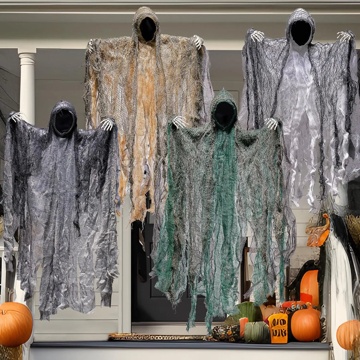 Hanging Faceless Ghost Decorations with Posable Arms for Halloween