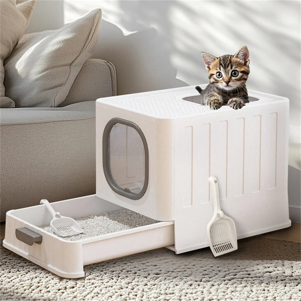Semi Enclosed Cat Litter Box With Scoop And Plastic Tray