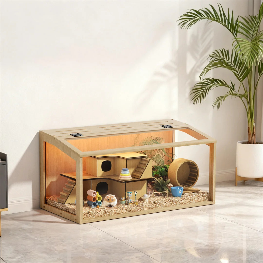 Wooden Hamster Cage With Tempered Glass And Led Lighting