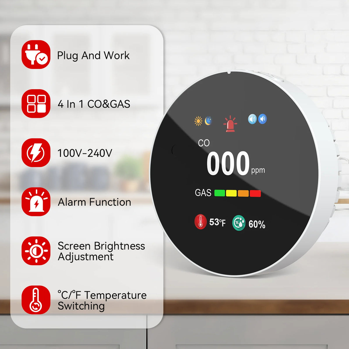 CHZHVAN Four-in-One Plug-In Carbon Monoxide and Gas Detector Alarm