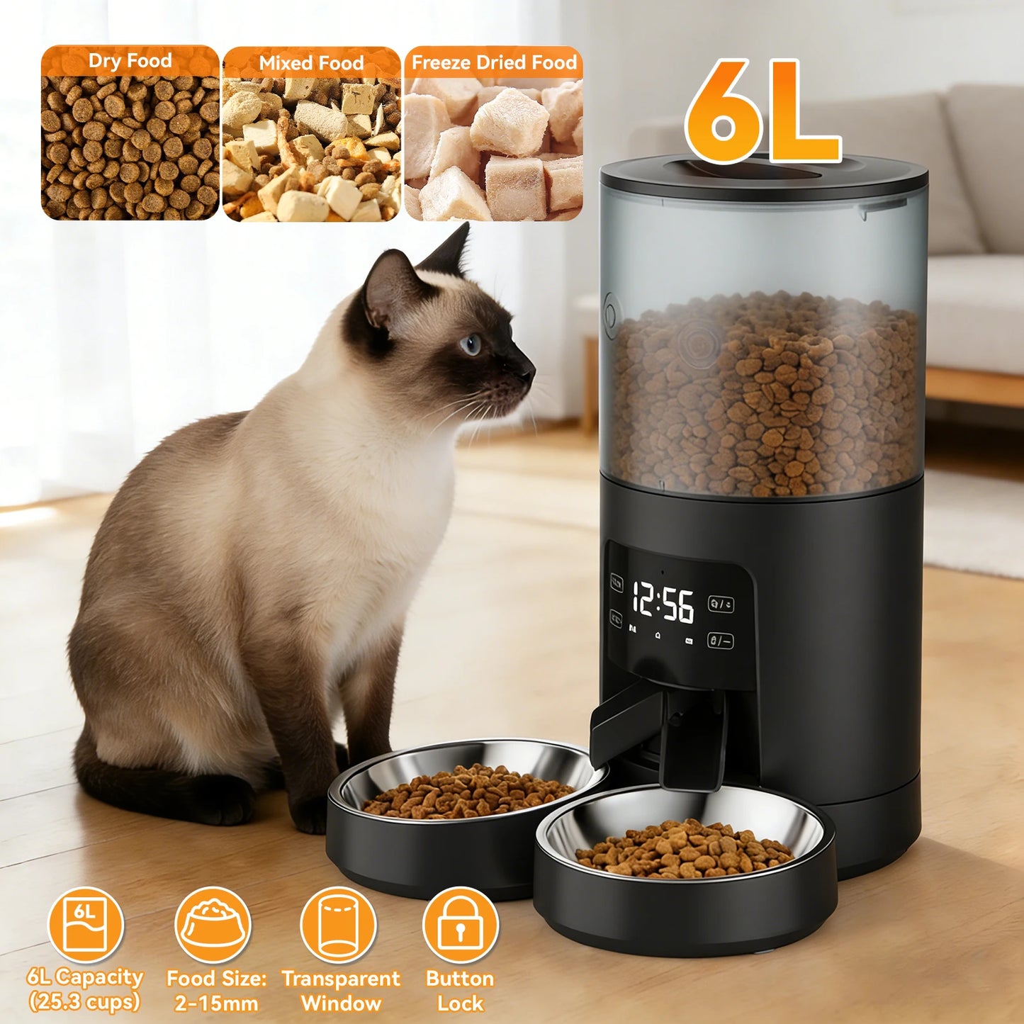 Automatic Cat Food Dispenser Stainless Bowls Dual Power Timed LCD