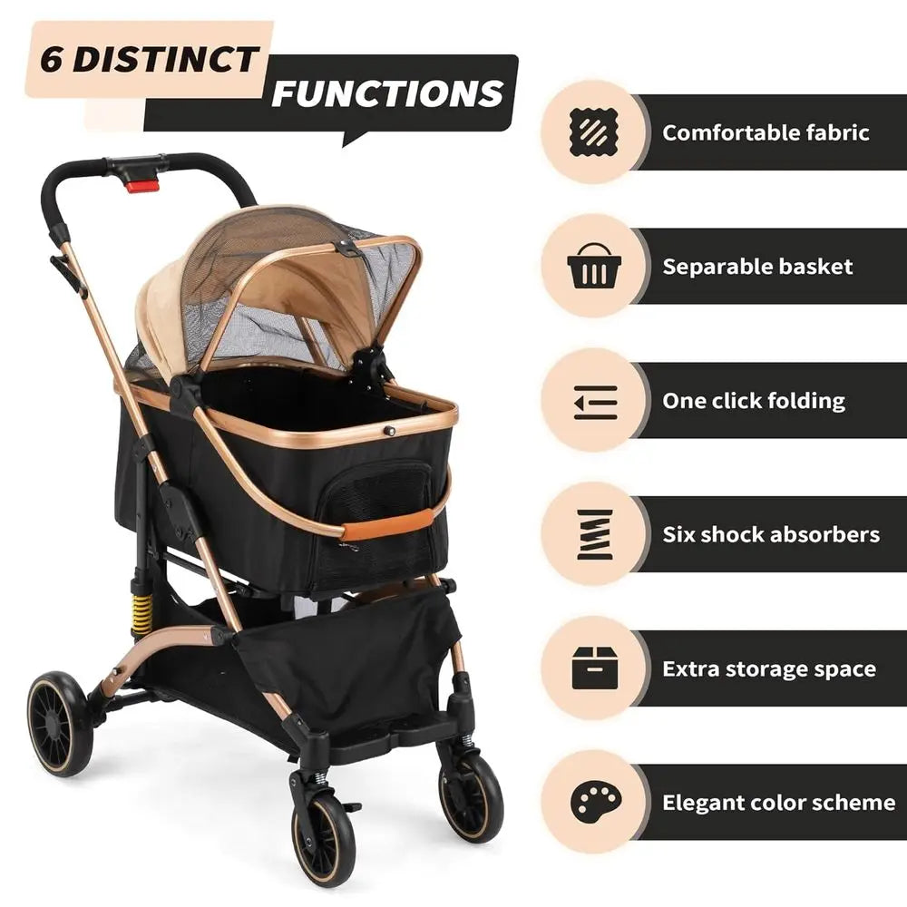 Four Wheel Pet Stroller With Shock Absorbers And Storage Basket