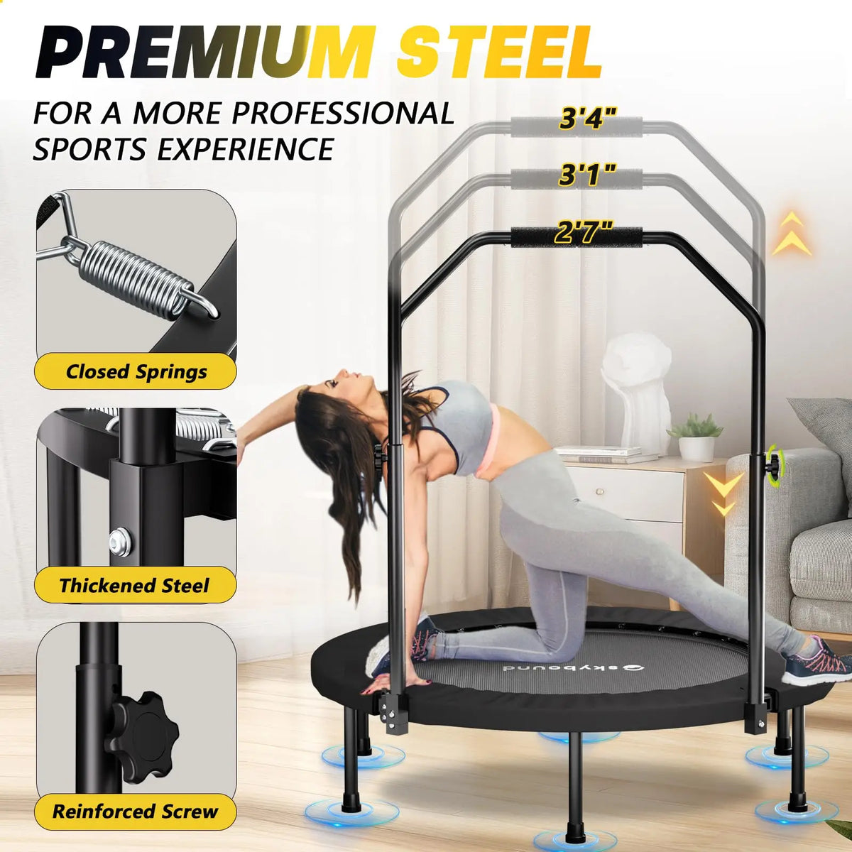 Foldable Mini Trampoline Fitness Rebounder With Adjustable Handle