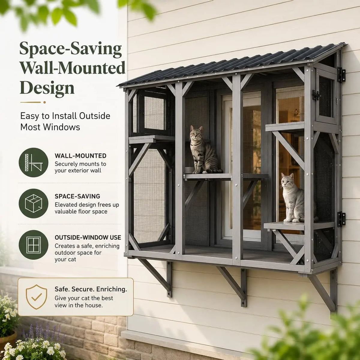 Outdoor Wooden Cat Window Catio Enclosure With Panoramic Viewing Perch