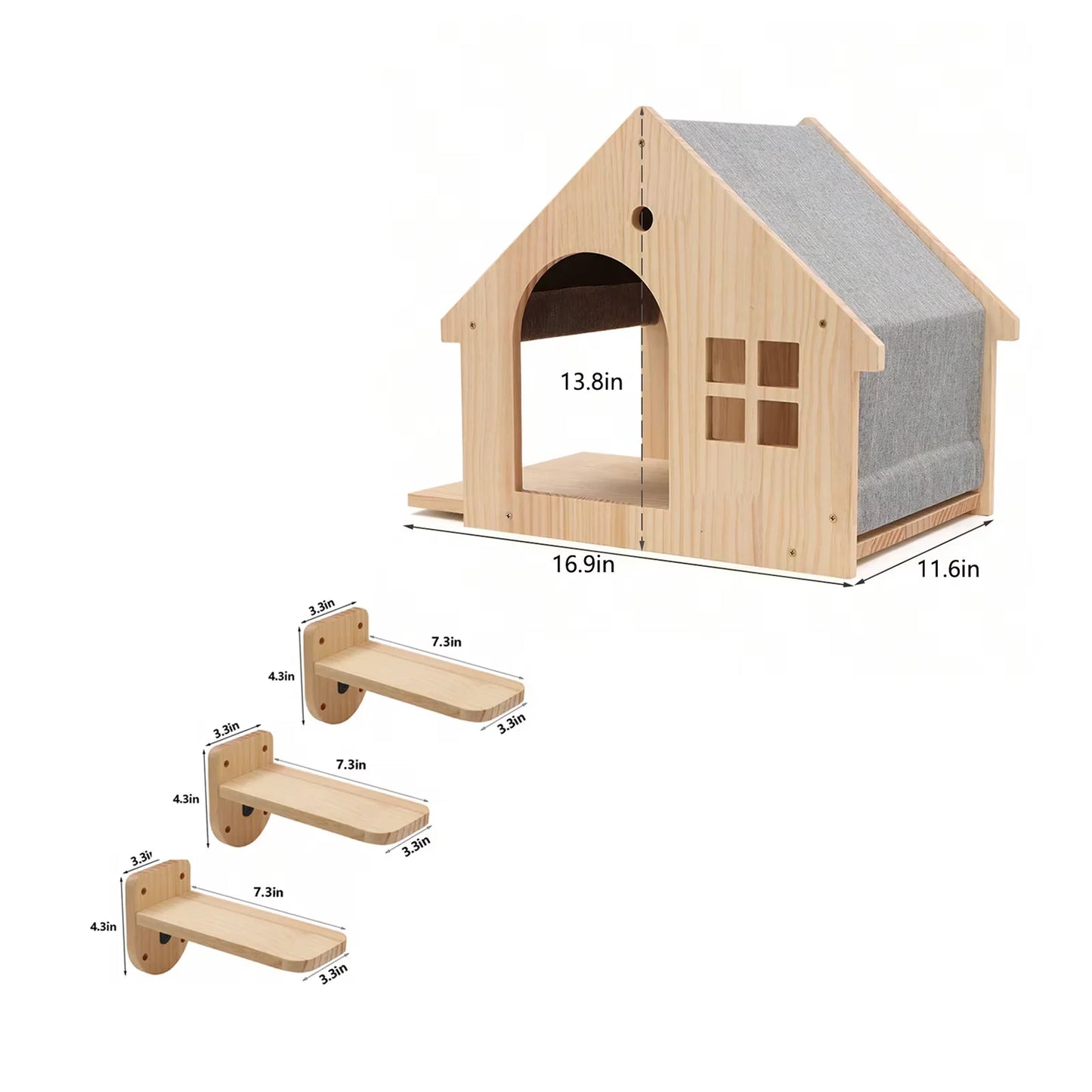 Solid Wood Wall Mounted Cat Shelf Floating Condo Villa
