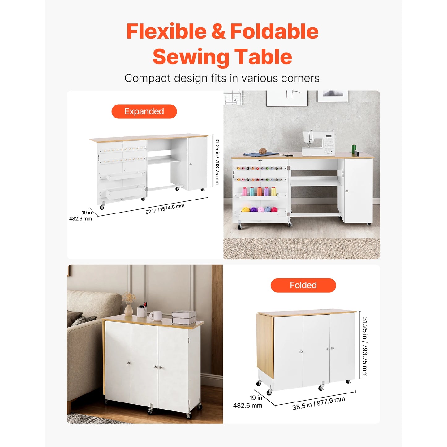 SucceBuy Folding Sewing Table Multipurpose Cabinet Charging Station