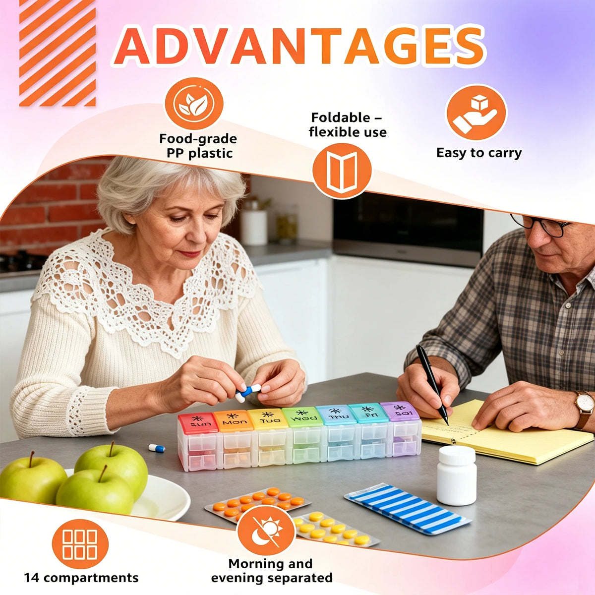 Weekly Pill Organizer 14 Compartments BPA Free Foldable Medicine Box