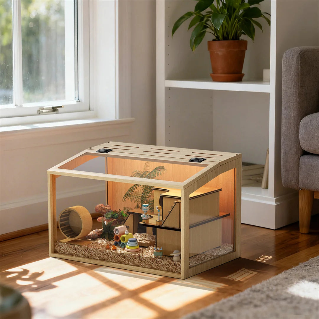 Wooden Hamster Cage With Tempered Glass And Led Lighting