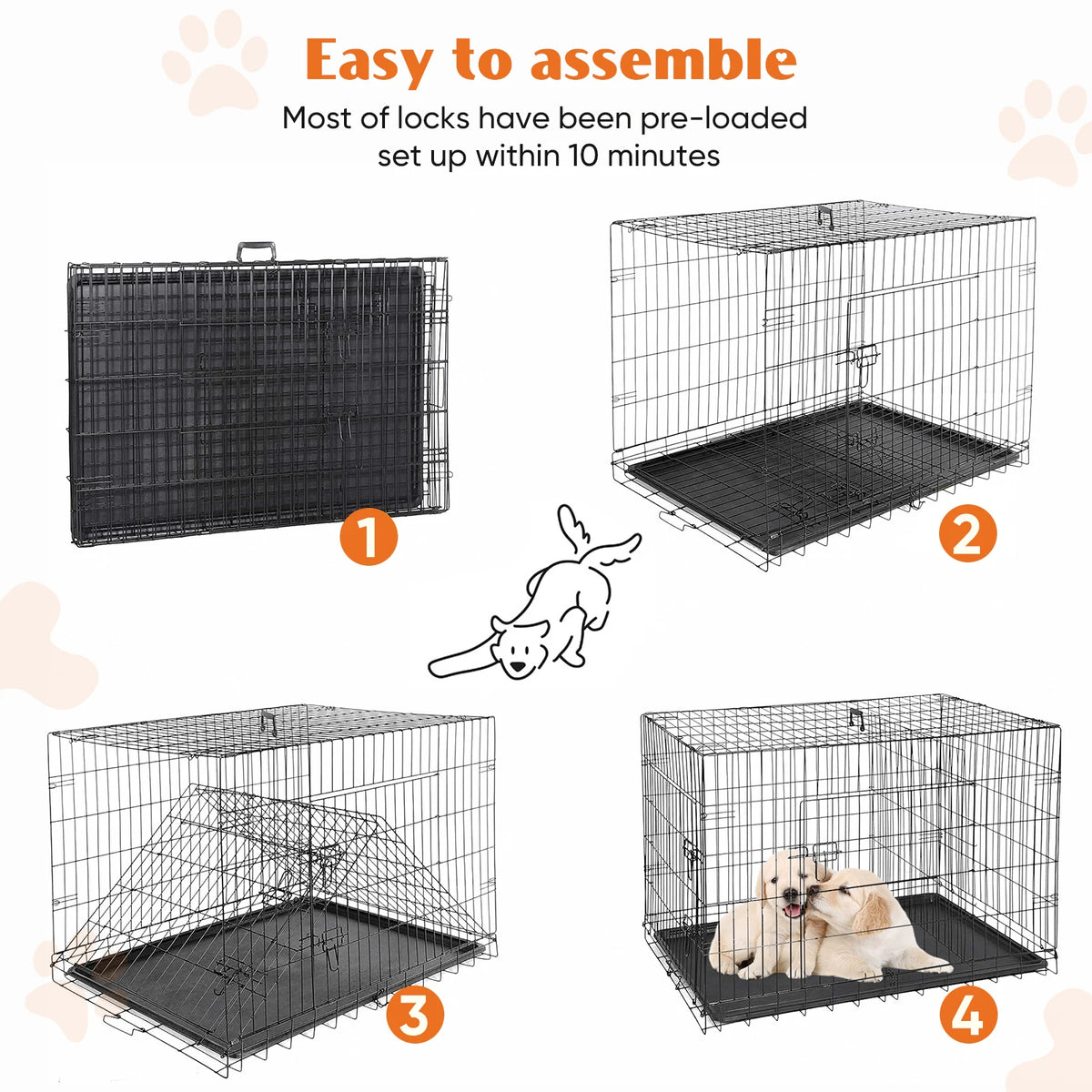 JHK Double Door Folding Metal Wire Dog Cage With Pan