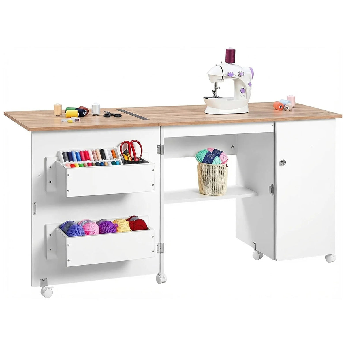 GAOMON Folding Sewing Cabinet Table with Storage and Lockable Wheels