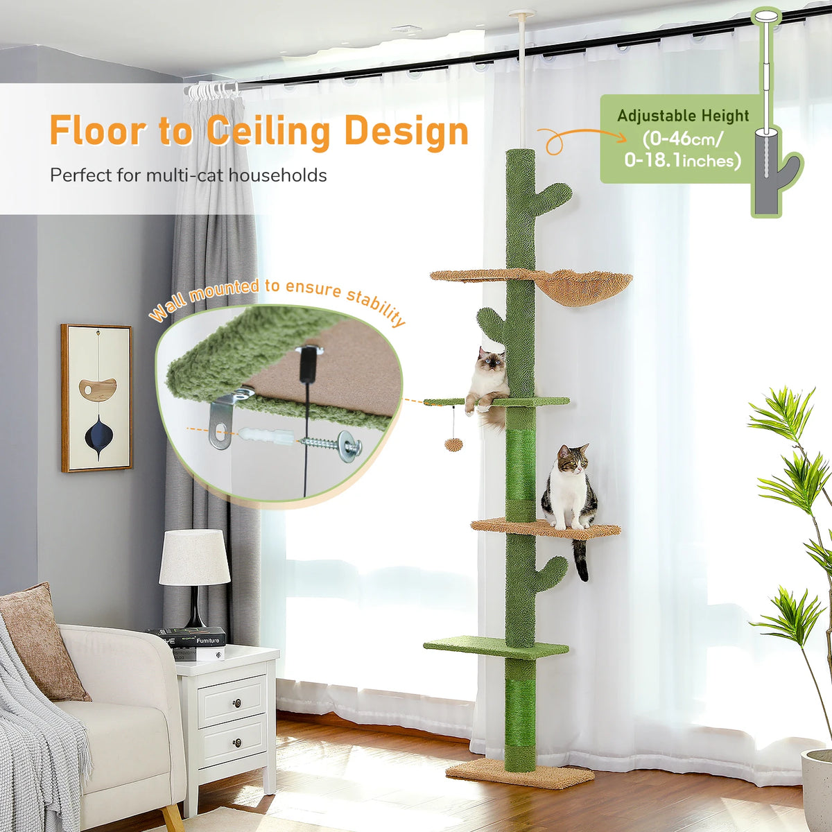 PAWZ Road Floor To Ceiling Cactus Cat Tree Scratching Post